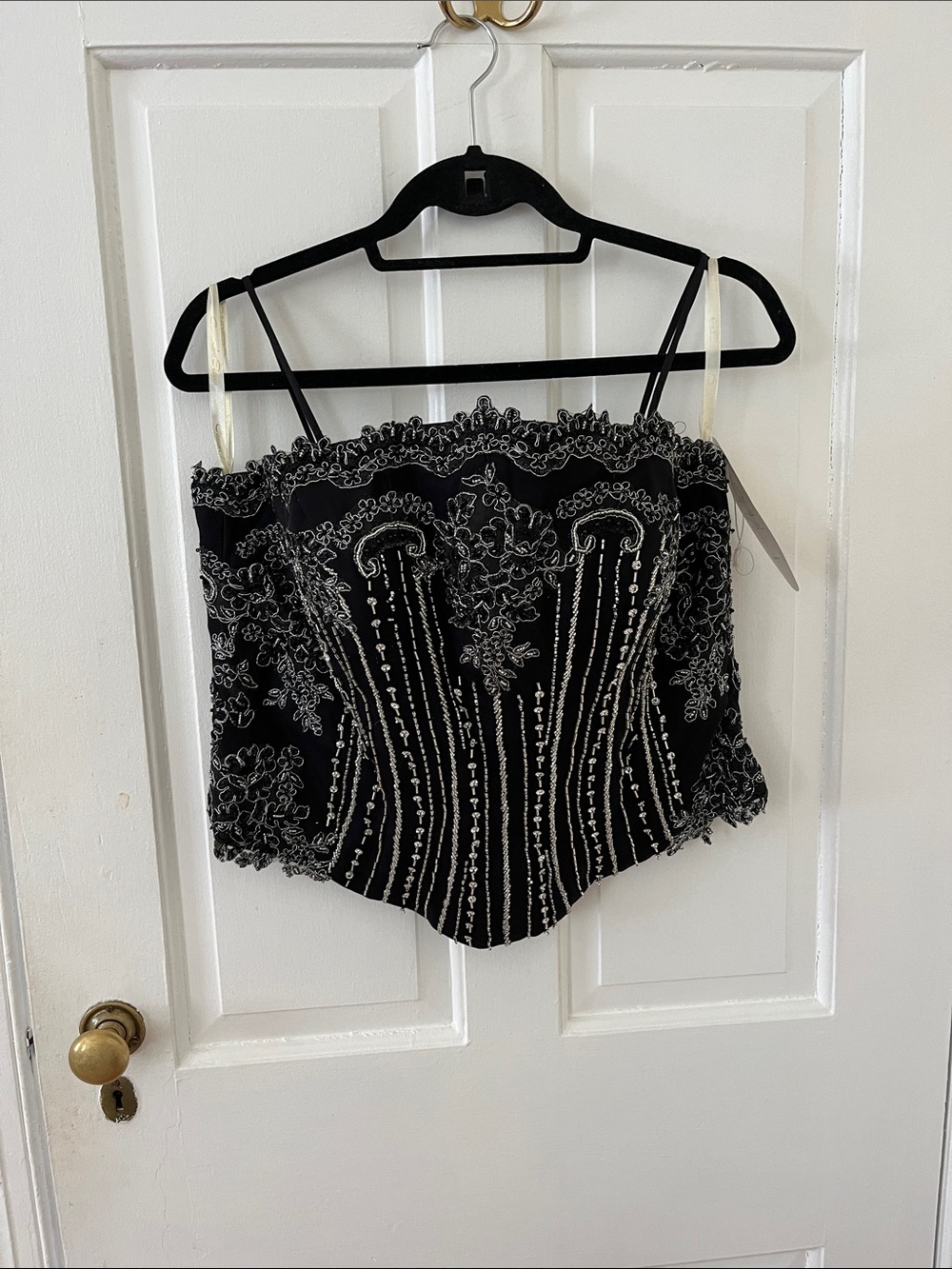 Cassandra Stone Silk Beaded Corset Top with Silver Threads and Rhinestones.